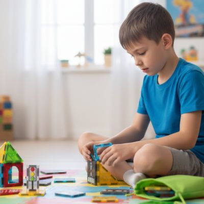 Petit garçon concentré en train d’assembler des pièces du jeu de construction magnétique Construit ta Ville sur un tapis coloré.