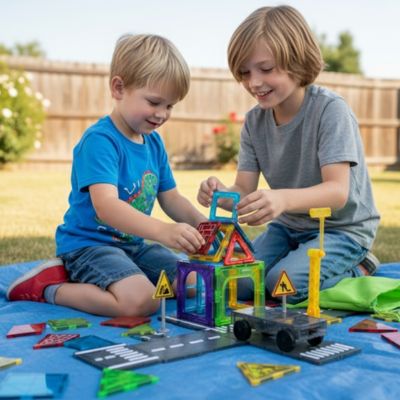 Deux enfants assis sur une couverture dehors en train de construire ensemble avec le jeu de construction magnétique Construit ta Ville.