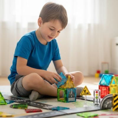 Jeune garçon assis par terre en train de monter une structure avec un jeu de construction magnétique de Construit ta Ville.