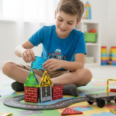 Garçon souriant assis sur un tapis en train de jouer et de construire avec le jeu de construction magnétique Construit ta Ville.
