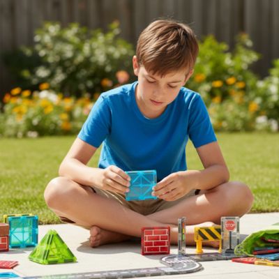 Jeune garçon assis en tailleur sur l’herbe en train d’assembler des pièces du jeu de construction magnétiques Construit ta Ville.
