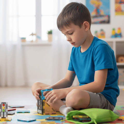 composition animé d'enfants jouant avec le jeu de construction magnétique