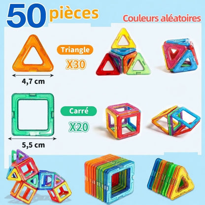 Image de 50 pièces magnétiques. 30 triangles de 4,7 cm et 20 carrés de 5,5 cm