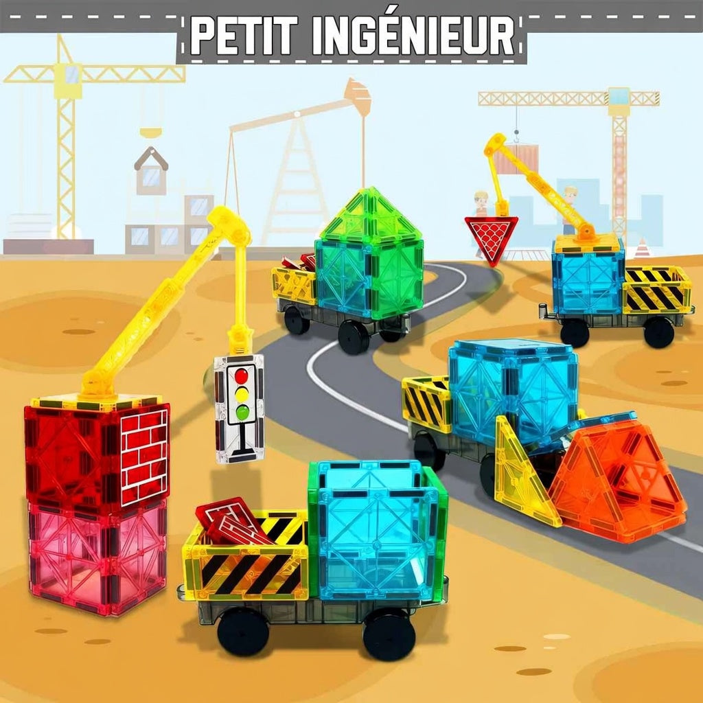Plusieurs véhicules et bâtiments construits avec un jeu de construction magnétique sur un fond de chantier. Titre : Petit Ingénieur.