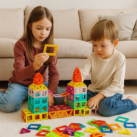 deux enfant jeu de construction magnétique pont suspendu