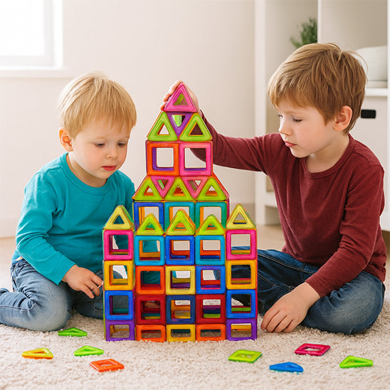 deux enfants jeu de construction magnétique château