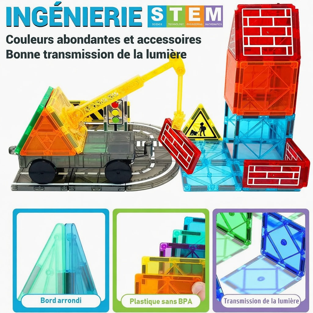 Construction imposante réalisée avec un jeu de construction magnétique. Texte STEM : couleurs abondantes, bord arrondi et transmission de lumière.