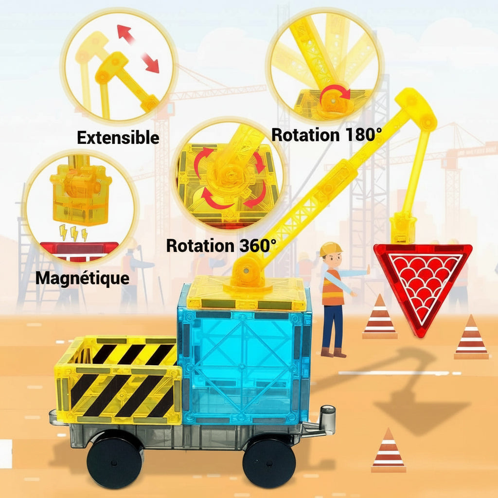 Camion-grue d’un jeu de construction magnétique montrant ses fonctionnalités : extensible, rotation 180° et 360°, et magnétique.