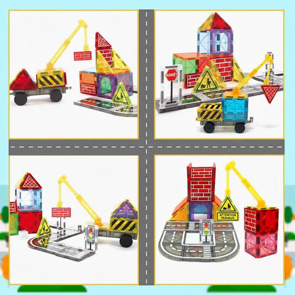 Quatre exemples de constructions réalisées avec un jeu de construction magnétique : grues, bâtiments, routes et accessoires routiers.