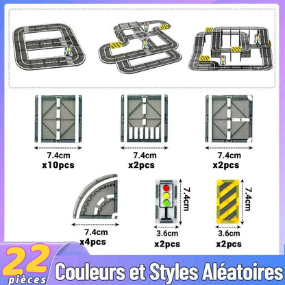 22 pièces de routes et accessoires d’un jeu de construction magnétique avec dimensions en cm pour créer des circuits routiers.